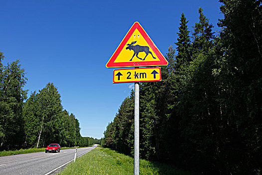 芬兰,区域,南方,公路,数字,路标,麋鹿,红色,汽车