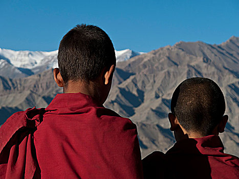两个,年轻,僧侣,看,屋顶,喇嘛寺,帝释寺,查谟-克什米尔邦,印度,亚洲