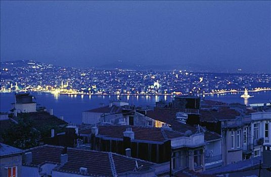 欧洲,土耳其,伊斯坦布尔,博斯普鲁斯海峡,海洋,全景,城市,光亮,房子,湾