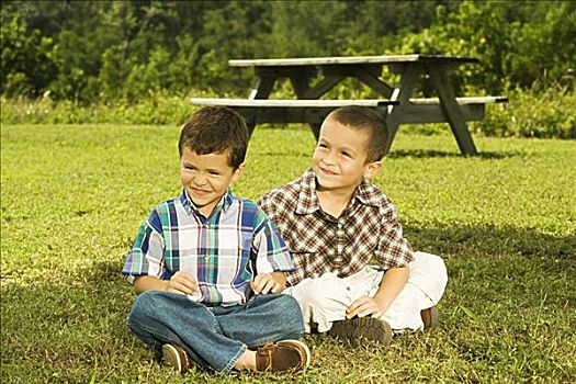 特写,两个男孩,坐,花园,微笑