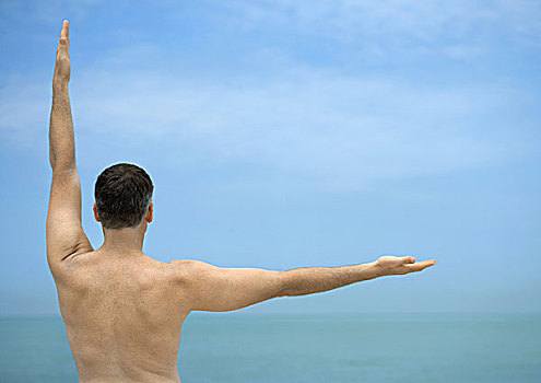 男人,手臂,制作,角度,海洋,背景,后视图