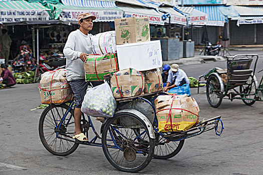 越南,芽庄,中央市场,坝,男人,商品,三轮车