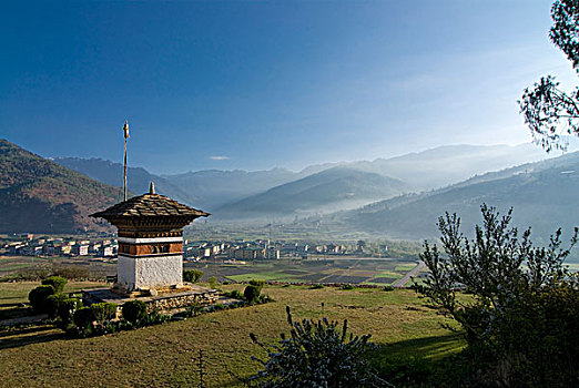 佛塔,山脉,背景,不丹