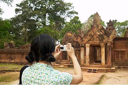 女人,照相,庙宇,吴哥窟,柬埔寨