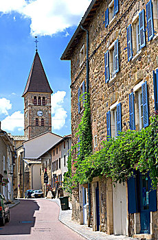 主要街道,教堂,博若莱葡萄酒,酒乡,罗纳河谷,法国