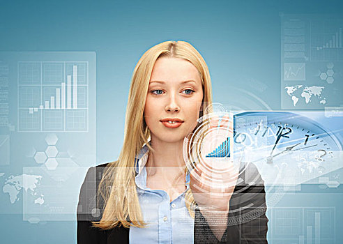 商务,未来,科技,时间,管理,概念,职业女性,指点,图表,虚拟,显示屏
