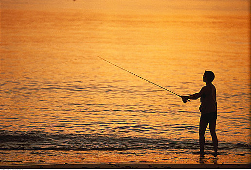 女人,钓鱼,海滩,日落
