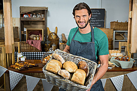 男性,头像,职员,拿着,篮子,面包,糕点店,店