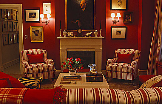 肖像,高处,白色,涂绘,壁炉,优雅,红色,客厅