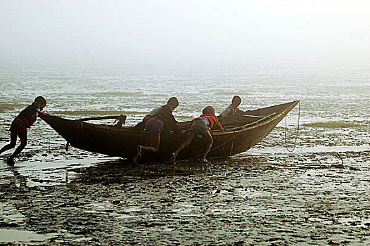 一群孩子,玩,船,岸边,湾,孟加拉,早,早晨,木豆,一月,2008年