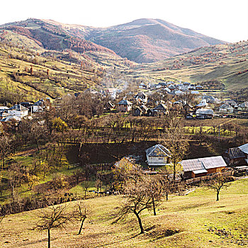 乡村,冬天,烟,上升,房子,果园,前景,山,背景,马拉穆列什,罗马尼亚,十一月,2003年