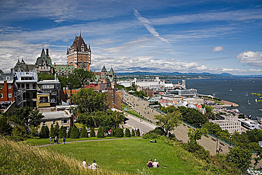 夫隆特纳克城堡,平台,老城,天际线,夏天,魁北克,加拿大,北美