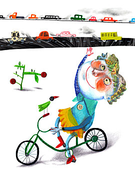 插画,图像,女孩,骑自行车,交通,背景,环保,概念