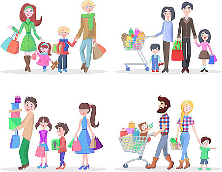 幸福之家,买,商品,礼物,商店,四个,高兴,家庭,乳制品,不同,孩子,购物,父母,消费,时间,超市,矢量,插画