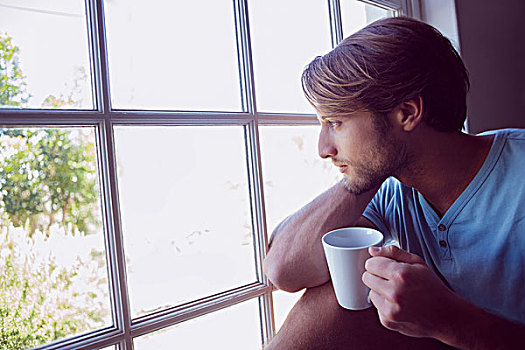 思想,男人,坐,窗户,咖啡