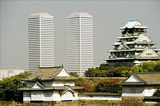 摩天大楼,城堡,城市,大阪城,大阪,日本