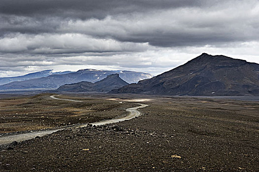 尘土,弯路,火山岩,冰河,山,灰色,乌云,位置,思考,斯奈山半岛,风景,远景,冰岛