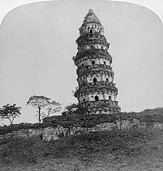 虎山,塔,斜塔,苏州,中国,19世纪,艺术家