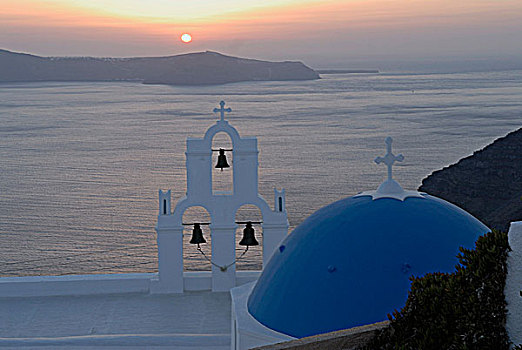 希腊,基克拉迪群岛,圣特林,教堂,日落