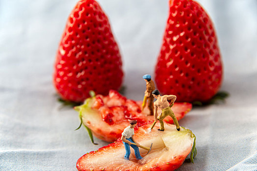 放在水果草莓上的工人