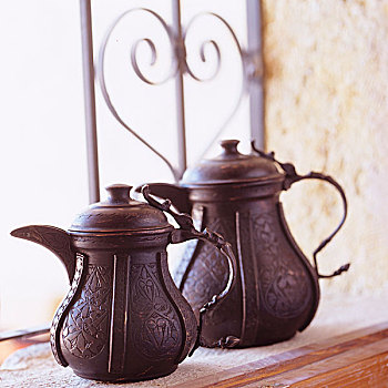 暗色,金属,摩洛哥,茶壶,窗台