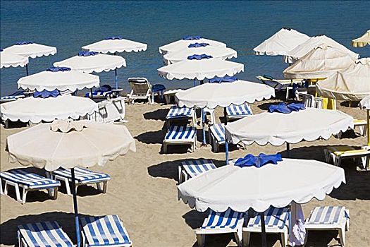 俯拍,休闲椅,沙滩伞,海滩,希腊