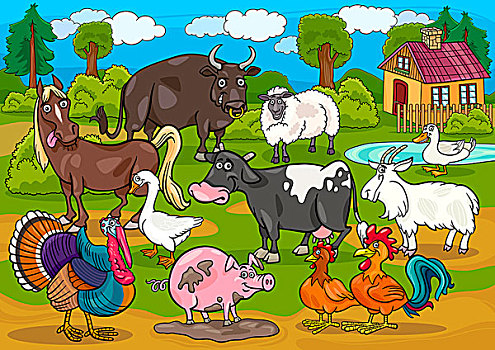家畜,乡野,场景,卡通,插画