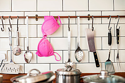 粉色,胸罩,悬挂,厨房