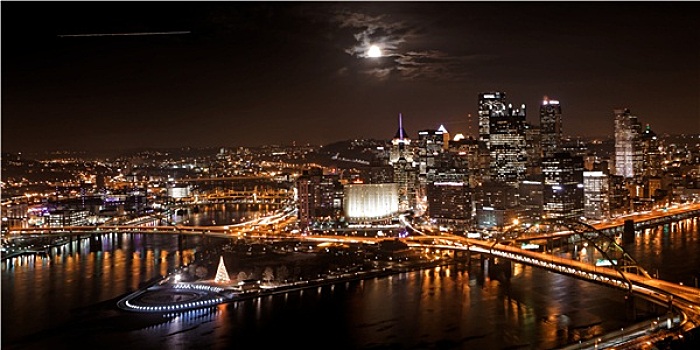 匹兹堡,天际线,夜晚,月亮