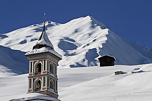 教堂塔,雪,山,背景