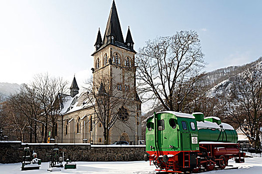 教堂,老,蒸汽,列车,铁制品,博物馆,哈尔茨山,萨克森安哈尔特,德国,欧洲