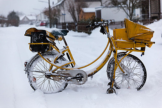 黄色,柱子,自行车,雪地,冬天,状况,巴伐利亚,德国,欧洲