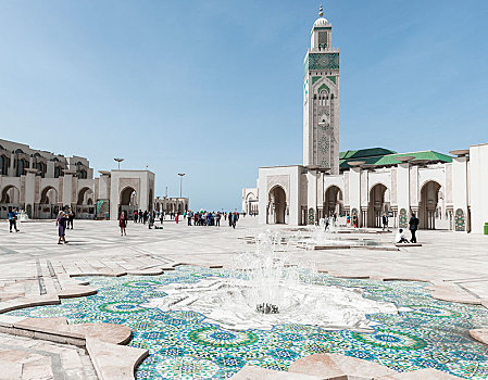 喷泉,哈桑二世清真寺,大,哈桑二世,摩尔风格,建筑,尖塔,世界,卡萨布兰卡,摩洛哥,非洲