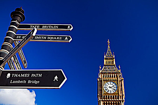 英格兰,伦敦,威斯敏斯特,路标,方向,上面,魅力,大本钟,一个,地标建筑,背景