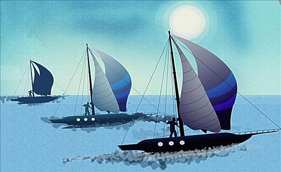 三个,帆船,排列,海中