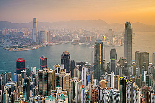 摩天大楼,中心,香港,风景,太平山,日出,香港岛,中国,亚洲