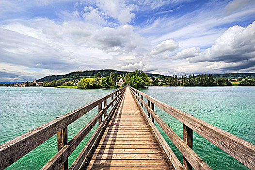 木质,步行桥,莱茵河,岛屿,沙夫豪森,瑞士,欧洲