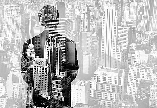 俯拍,城市,曼哈顿,纽约,美国,后视图,男人,穿,套装,反射,窗户