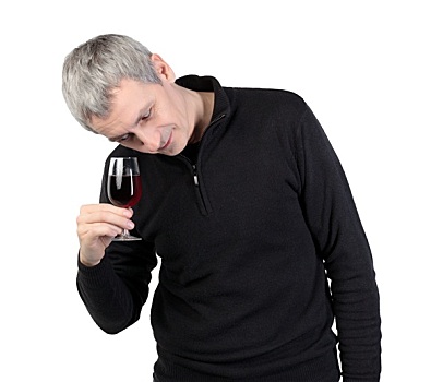 男人,看,玻璃杯,红色,港口,葡萄酒