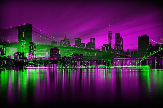 纽约,抽象,二次曝光,天际线,布鲁克林大桥