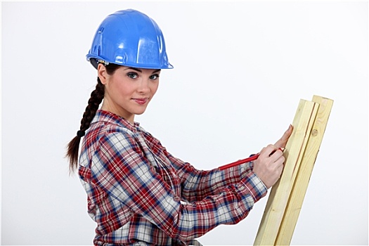 女性,木匠,测量,木板