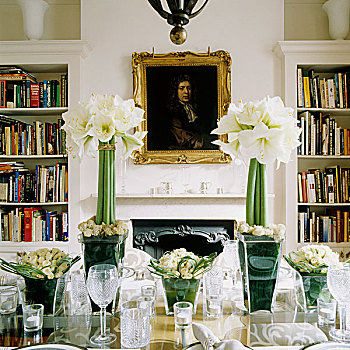 喜庆,装饰,桌子,白色,孤挺花,玻璃花瓶,上方,壁炉