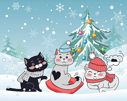 高兴,冬天,朋友,三个,小,猫,矢量,大,红色,帽子,围巾,心形,枕头,有趣,小猫,戴着,温暖,布,冬季风景,卡通,猫科动物,设计