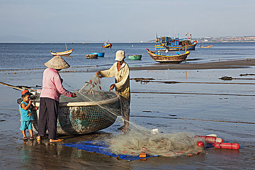 越南,美尼,海滩,渔民,传统,渔船
