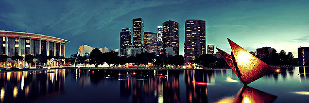 洛杉矶,市区,夜晚,城市,建筑,湖
