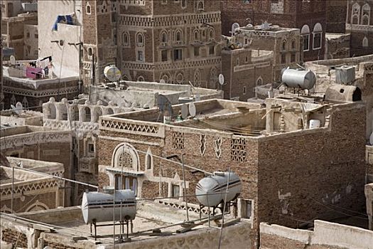 卫星天线,水箱,洗,屋顶平台,建筑,砖,粘土,历史,中心,世界遗产,也门,中东
