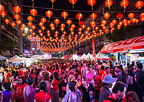 红色,灯笼,拥挤,道路,游人,春节,唐人街,地区,曼谷,泰国,亚洲