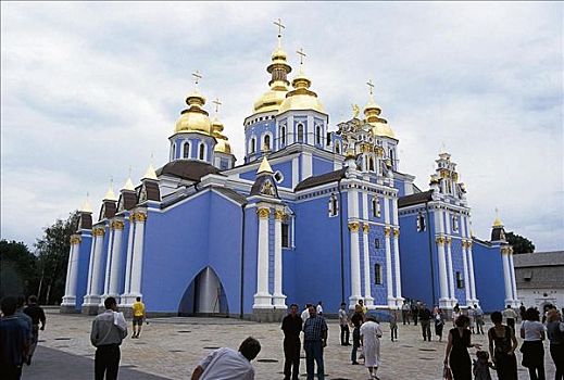 东正教,寺院,蓝色,建筑,游客,女人,男人,孩子,地点,基辅,乌克兰,欧洲