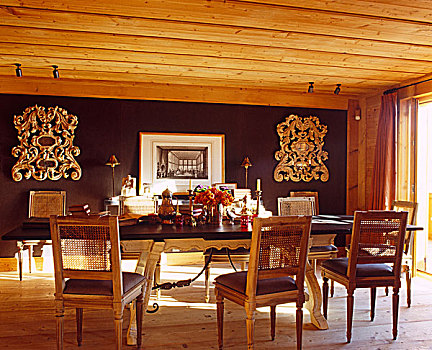 餐桌,老式,椅子,编织物,后背,黑色,墙壁,木屋