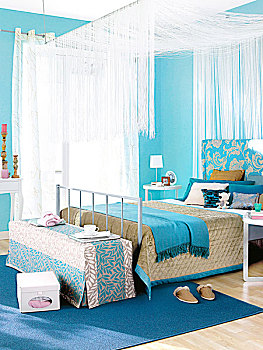 蓝色,天篷床,地毯,卧室